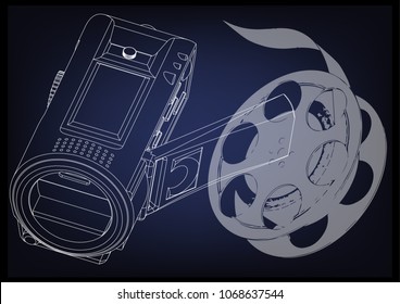 Camera and a film on blue background. Drawing. 3d model