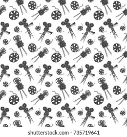 Camera and film reel vintage seamless pattern, hand drawn sketch, retro movie industry, vector illustration.