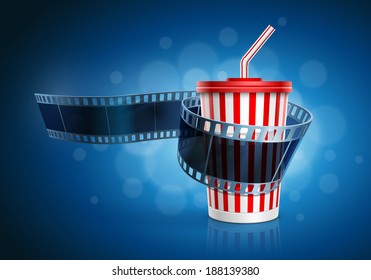 Camera film roll and cardboard cup with a straw on blue defocus background. Vector illustration.