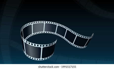 Camera film roll isolated on abstract blue background. Realistic film strip in perspective for projection, movie and cinema design. Isometric 35mm foto and movie film roll vector illustration.