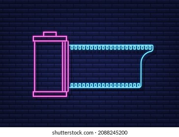 Camera film roll isolated on white background. Neon icon. Vector stock illustration.