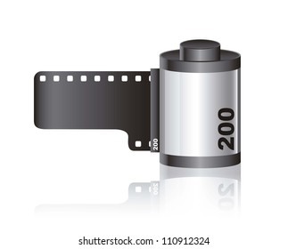 Camera film roll with shadow over white background. vector