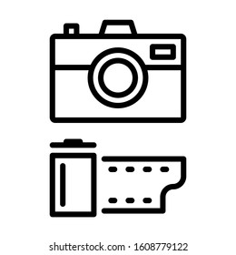 Camera with film roll. Simple design. Line vector. Isolate on white background.