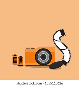 Camera and film roll and Vector illustration orange background