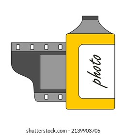 Camera film roll. Vintage retro photography film in cartridge. The symbol of the 90s . A flat icon with an outline. Color vector illustration isolated on a white background