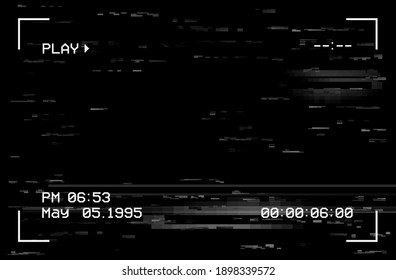 Camera film screen with glitch effect, vector vhs or video home system black background with random noise, digital viewfinder frame, date, month, time and play. Camera or television distortion signal