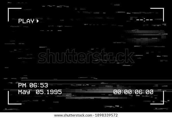 Camera film screen with glitch effect, vector vhs\
or video home system black background with random noise, digital\
viewfinder frame, date, month, time and play. Camera or television\
distortion signal