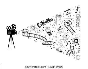 Camera with film spotlight of items: popcorn, film strip, drinks, clapper board. Movie time concept. Set of abstract isolated design elements. Hand drawn vector black and white doodle illustrations. 