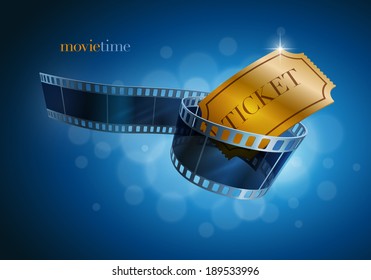 Camera film strip and gold ticket on blue defocus background. Vector illustration.