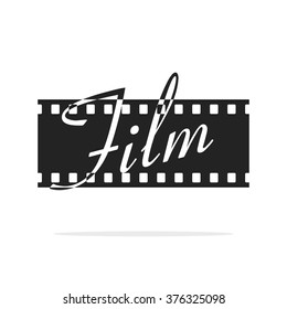 Camera film strip vector logo with film text, filmstrip simple flat icon, cinema film strip ribbon, filmstrip symbol of movie, black and white color filmstrip illustration isolated on white background