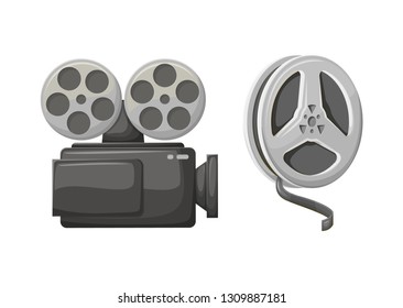 Camera filming technology vector, isolated icon of bobbins with tape. Cinematography equipment for making movies, retro old vintage objects from cinema