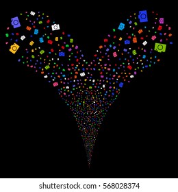 Camera fireworks stream. Vector illustration style is flat bright multicolored iconic symbols on a black background. Object double fountain created from random pictograms.