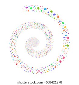 Camera fireworks swirling spiral. Vector illustration style is flat bright multicolored scattered symbols. Object swirling combined from random pictographs.