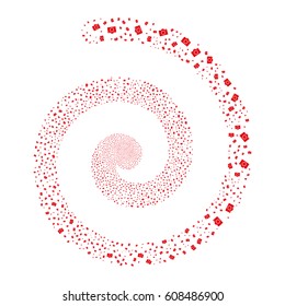 Camera fireworks whirl spiral. Vector illustration style is flat red scattered symbols. Object swirl created from random pictograms.