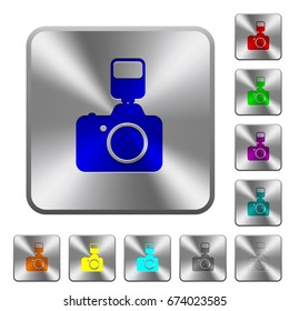 Camera with flash engraved icons on rounded square glossy steel buttons