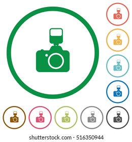 Camera with flash flat color icons in round outlines