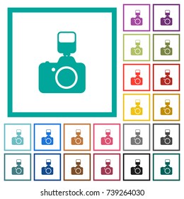 Camera with flash flat color icons with quadrant frames on white background