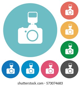 Camera with flash flat white icons on round color backgrounds