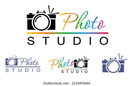camera with flash in geometric style, logo, sign, icon, symbol, emblem. For a photographer, photo studio