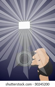 The camera with flash in a hand. A vector. Without mesh.