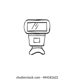 Camera flash icon in doodle sketch lines. Photography equipment light studio bulb
