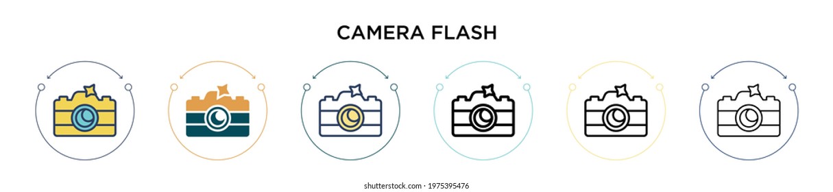 Camera flash icon in filled, thin line, outline and stroke style. Vector illustration of two colored and black camera flash vector icons designs can be used for mobile, ui, web