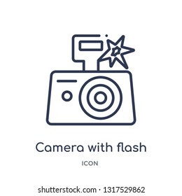 camera with flash icon from tools and utensils outline collection. Thin line camera with flash icon isolated on white background.