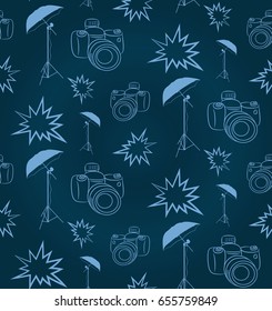 Camera, flash and light, pattern on a blue background