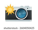 Camera with flash light vector isolated icon. Photo camera emoji illustration. Camera icons, 10 eps.