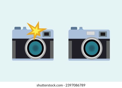 Camera with flash light vector isolated icon. Vintage photo camera icon, flat style Pro Vector illustration.