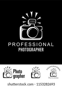 camera with flash, logo, sign, icon, symbol, emblem. For a photographer, photo studio