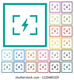 Camera flash mode flat color icons with quadrant frames on white background