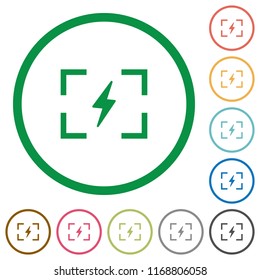 Camera flash mode flat color icons in round outlines on white background