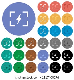 Camera flash mode multi colored flat icons on round backgrounds. Included white, light and dark icon variations for hover and active status effects, and bonus shades on black backgounds.