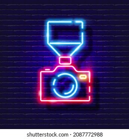 Camera with camera flash neon icon. Photo and video concept. Vector illustration of a sign for design, website, decoration, online store.