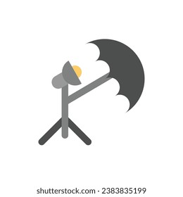 Camera flash on stand with umbrella light reflector.  Vector Illustration flat icon.