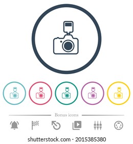 Camera with flash outline flat color icons in round outlines. 6 bonus icons included.