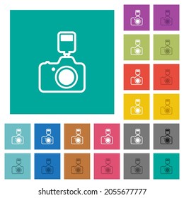 Camera with flash outline multi colored flat icons on plain square backgrounds. Included white and darker icon variations for hover or active effects.