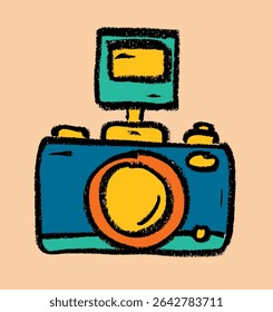 Camera With Flash Pop Art Style Crayon Chalk Drawing Vector