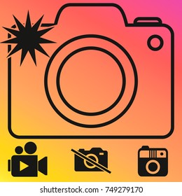 Camera flash rounded icon. Vector illustration style is flat iconic symbol white color on the color background. Editable stroke.