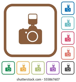 Camera with flash simple icons in color rounded square frames on white background