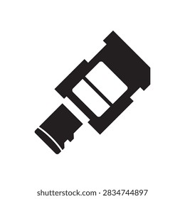 Camera flash speedlight attachment black glyph icon vector illustration. Portable strobe light and shoe mount flash accessory for DSLR cameras.
