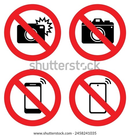 camera flash take photo and smartphone use prohibition sign