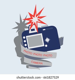 Camera, flash and tape with text. Emblem, label, icon. Vector image for photogate, makers, design themed website.