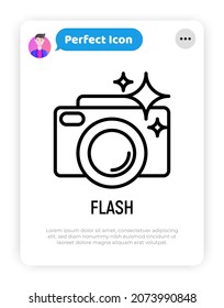 Camera with flash thin line icon. Modern vector illustration for photographer's logo.