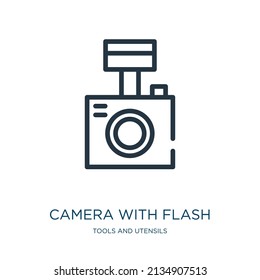camera with flash thin line icon. lens, equipment linear icons from tools and utensils concept isolated outline sign. Vector illustration symbol element for web design and apps.