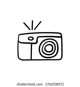 Camera with flashlight outline hand drawn icon isolated on white background. Vector illustration.