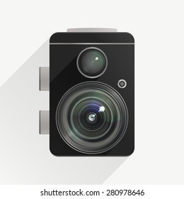 Camera in a flat design with realistic lens.