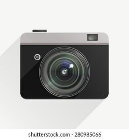 Camera in a flat design with realistic lens.