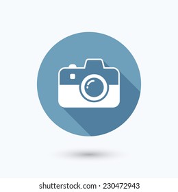 Camera flat icon with long shadow. Isolated on white background. Vector illustration, eps 10.